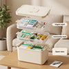 Large 3-tier medicine cabinet organizer with portable small pill box, empty first aid kit storage container for home and travel, multipurpose medicine organizer box with handle for family emergency.
