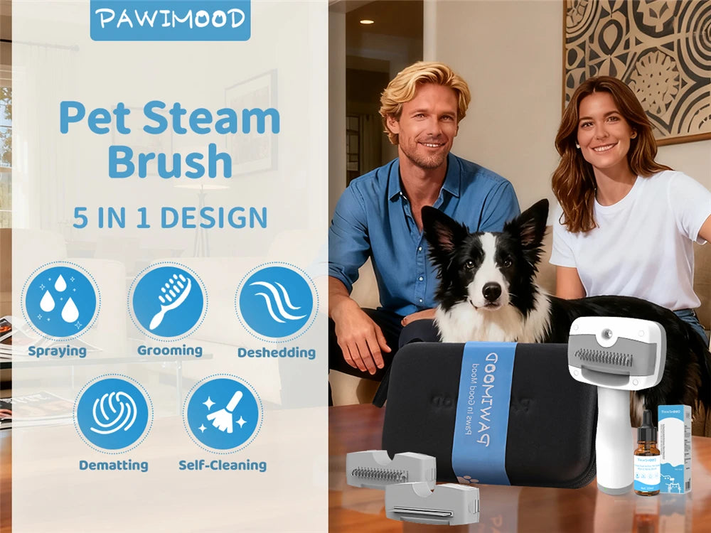 PAWIMOOD 3 in 1 Pet Steam Brush for Dogs Cats Spray Hair Removal Comb Self Cleaning 3 Swap Heads Grooming Dematting Deshedding
