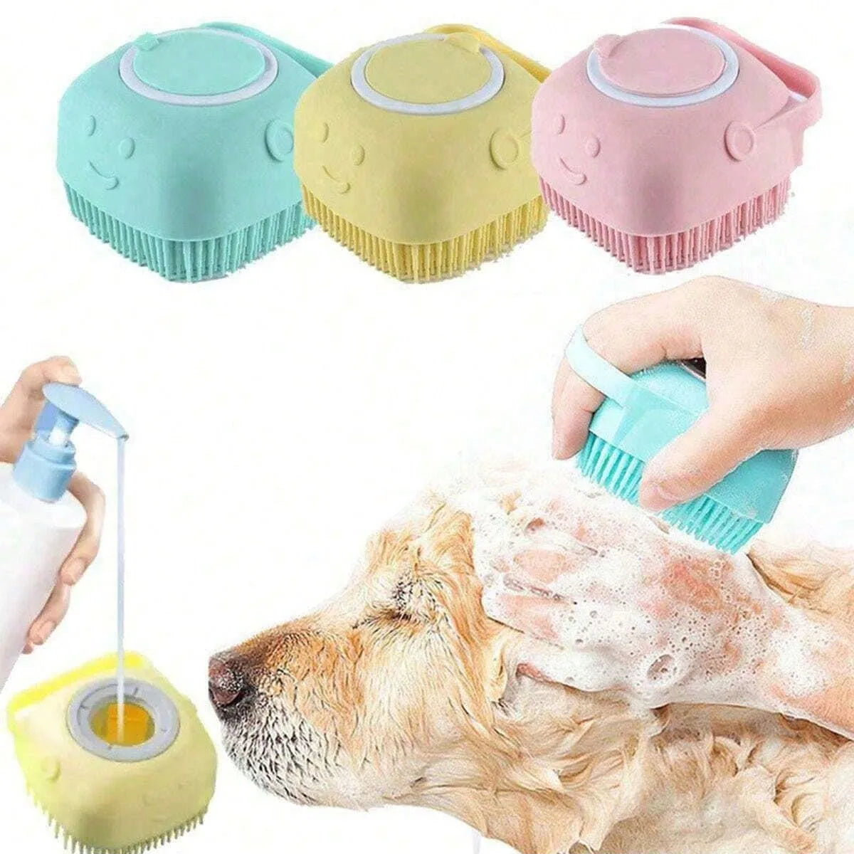 Silicone Pet Bath Brush with Shampoo Dispenser, Multifunctional Dog & Cat Grooming Brush for Shedding, Massage & Deep Cleaning