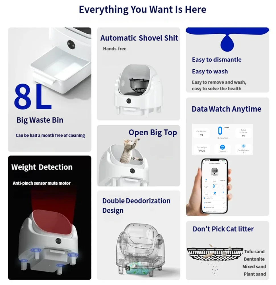 HEYBO PET Large Capacity Self Cleaning Cat Litter Box Safety App Control Odor Free Waste Bin Auto Smart Open Cat Litter Box