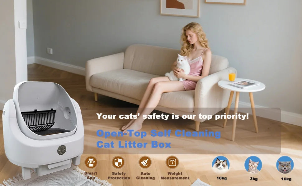 HEYBO PET Large Capacity Self Cleaning Cat Litter Box Safety App Control Odor Free Waste Bin Auto Smart Open Cat Litter Box