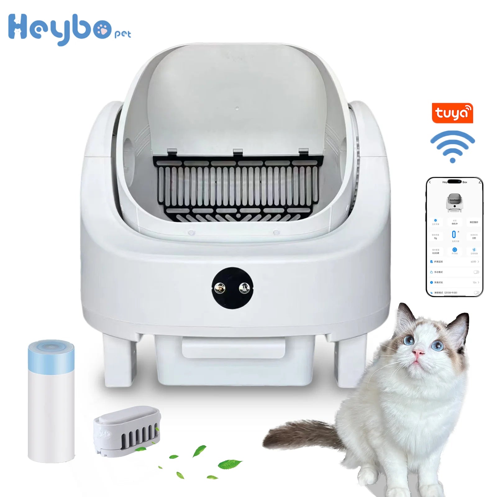 HEYBO PET Large Capacity Self Cleaning Cat Litter Box Safety App Control Odor Free Waste Bin Auto Smart Open Cat Litter Box