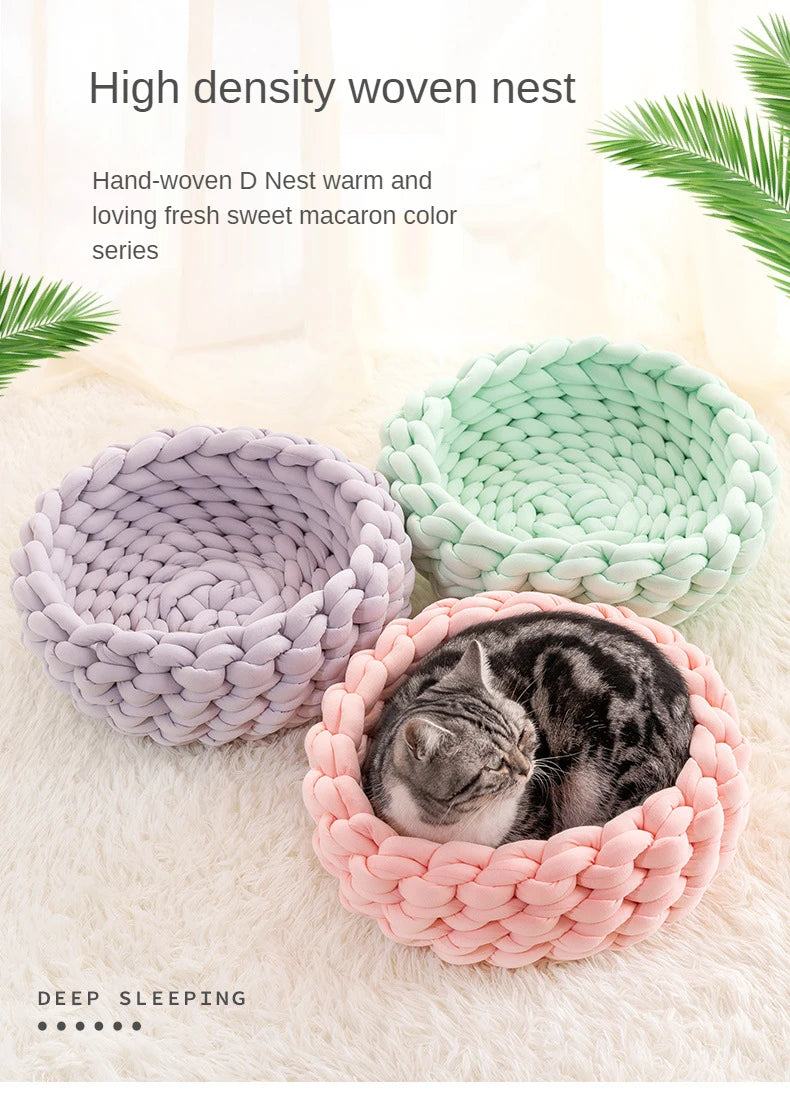 Handmade Knit Cat Beds, Mats, Warm, Soft, Small Dogs Kennel, Puppy, Kitten Cave, Sleeping Bag, Detachable, DIY Pet House