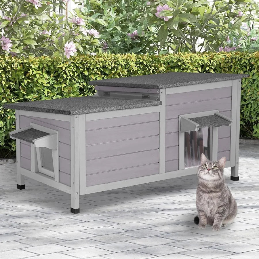 Outdoor Cat House Weatherproof Large Cat Shelter with Openable Roofs for Feral Kittens Elevated Base Design with PVC Curtain fo