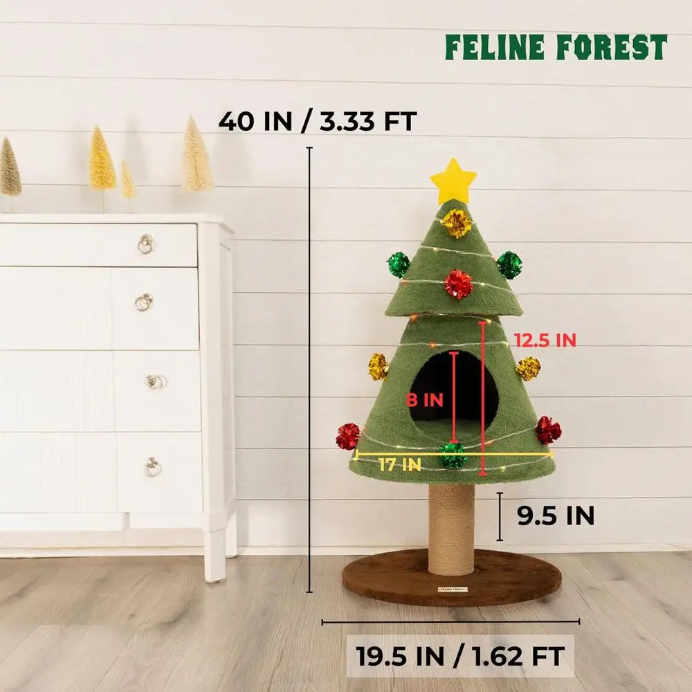 Cat Christmas Tree – Cat Proof Christmas Tree, 3ft Tall Safe for Cats with Cat-Safe Ornaments and LED Lights – Topple-Proof Desi