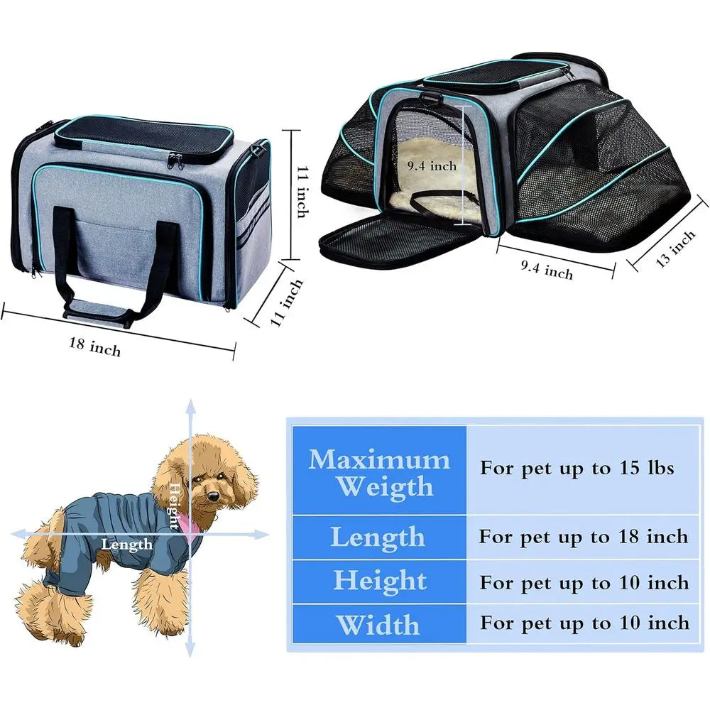 Cat Dog Carrier - Airline Approved Expandable Soft-Sided Pet Carrier with Removable Fleece Pad and Pockets, for Cats/Puppy and S