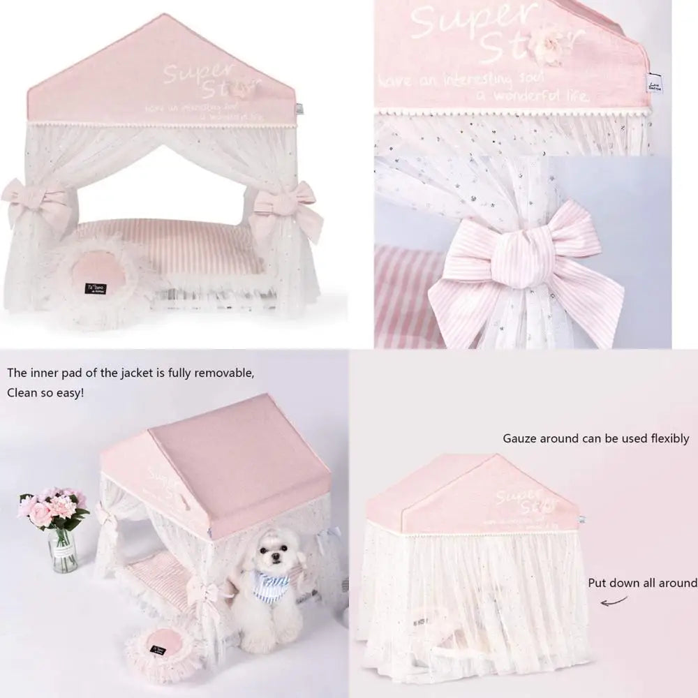 Cute Princess-Style Pet Bed with Soft Winter Warmth, Ideal for Cats and Dogs, Complete with Gauze Curtain and Comfortable Nest f