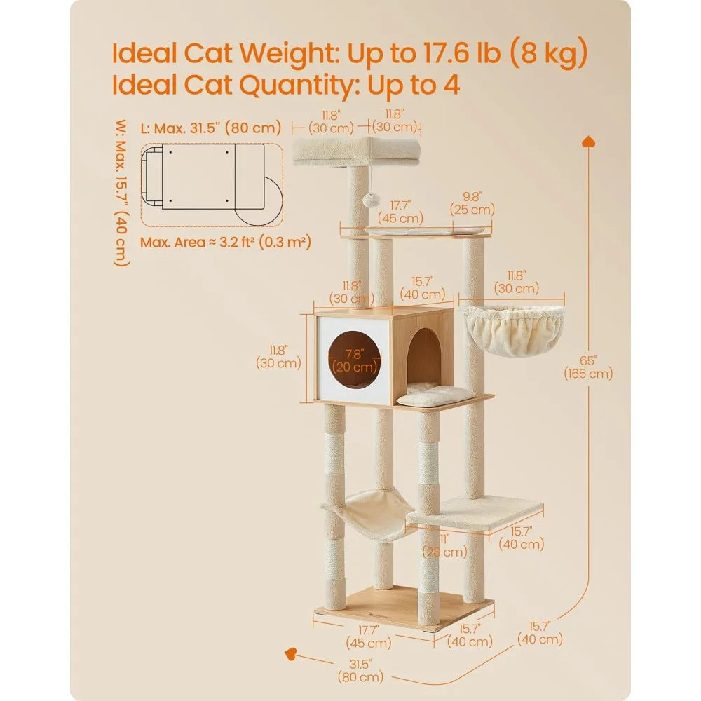 65-Inch Tall Cat Tree with Multi-Level Condo, Cave, Basket, Hammock, Scratching Posts in Almond Yellow