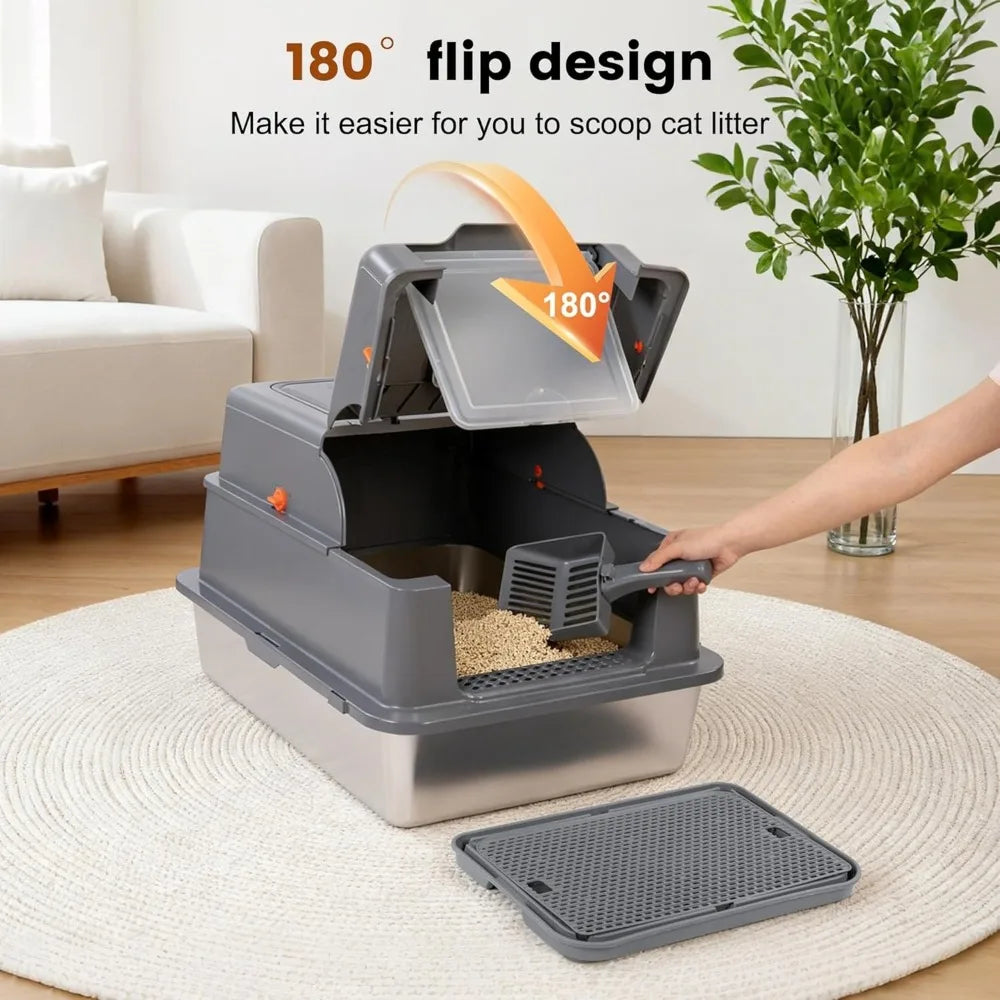 XXXXL Stainless Steel Litter Box, 28" L x 20" W x 17" H Extra Large Cat Litter Box for Maine Cat, Enclosed Metal Litter Boxes,Cu