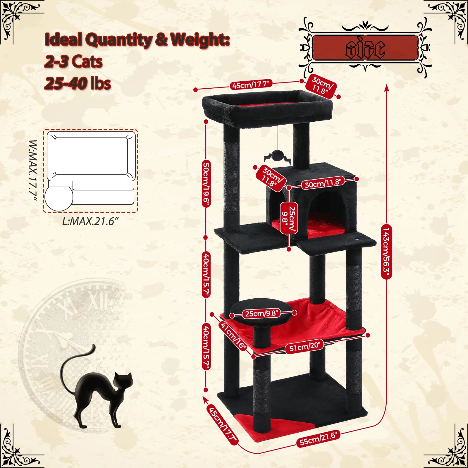 Gothic Cat Tree Black Cat Tower with Comfortable Condo,Natural Sisal Cat Scratching Post Perfect for Indoor Cats,Cat Accessories