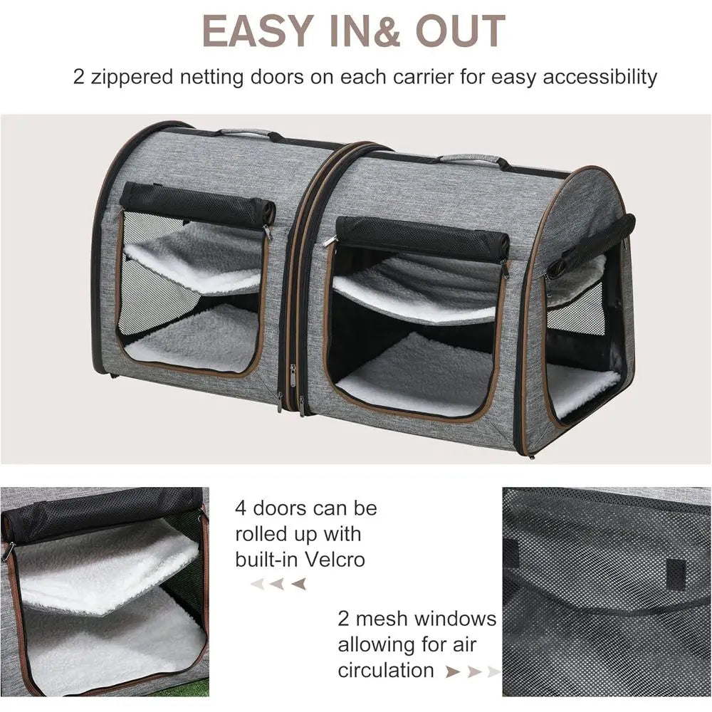 Portable Soft-Sided Cat Carrier for Travel, Dog Crate with Divider, Two Compartments, Cushions & Storage, Light Gray