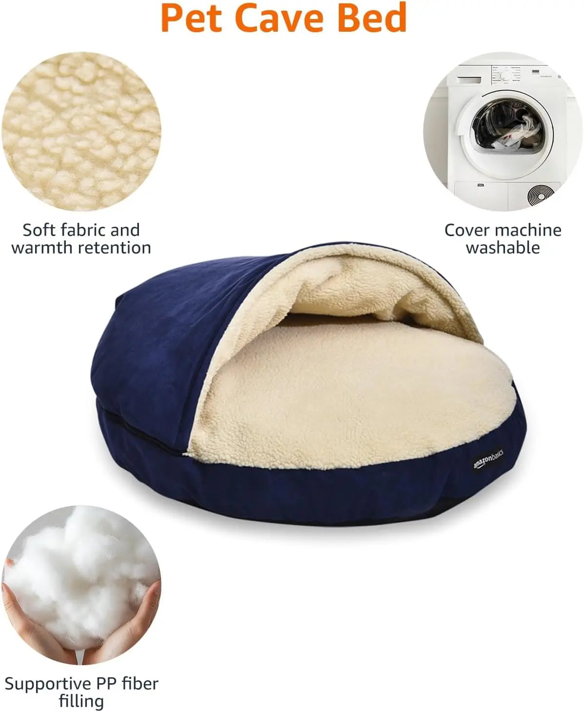 Cozy Pet Cave Bed for Dogs and Cats, Removable Hood, Fits Pets Up to 30lbs, Blue