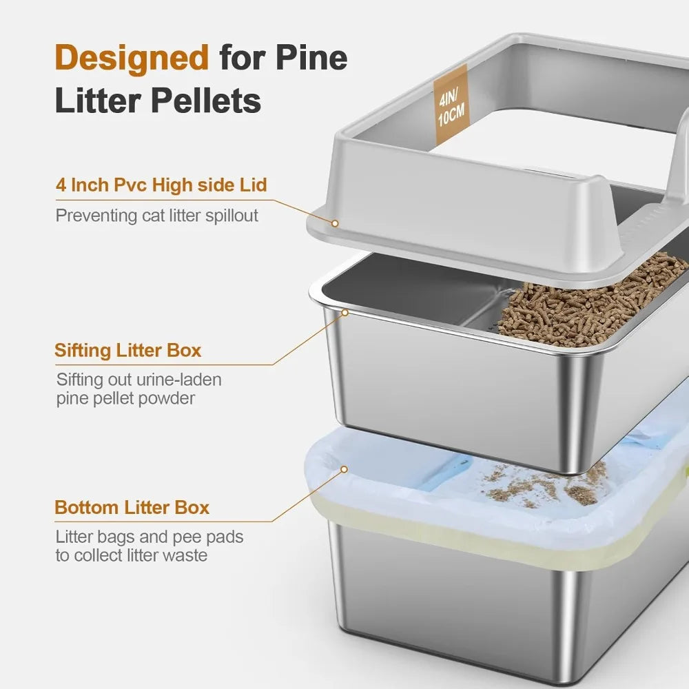 High-Sided Enclosed Sifting Cat Litter Box for Pine Pellets, Stainless Steel with Lid, Suitable for Small Cats, Easy Clean Metal