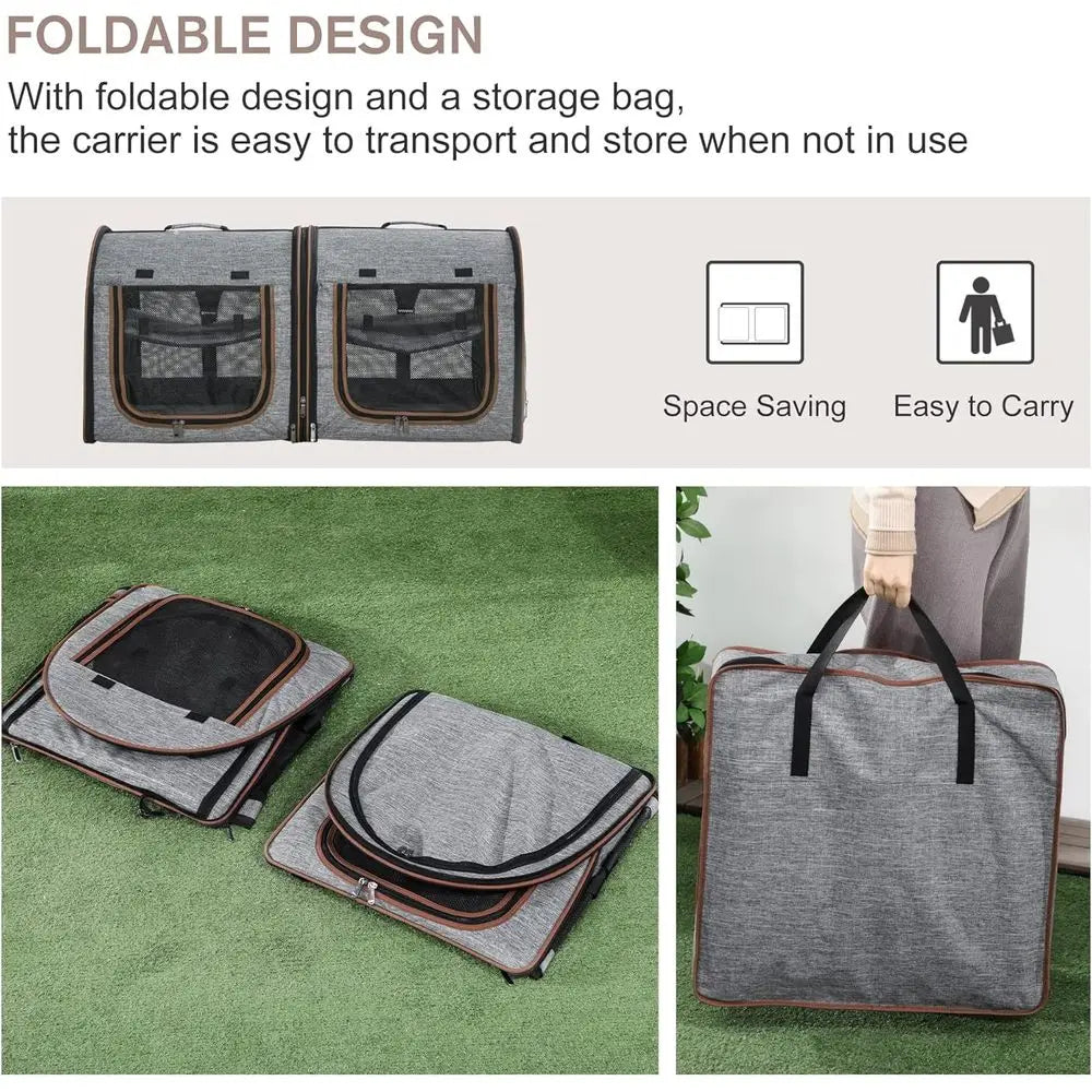 Portable Soft-Sided Cat Carrier for Travel, Dog Crate with Divider, Two Compartments, Cushions & Storage, Light Gray