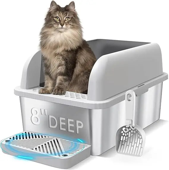 Extra Large Deep Stainless Steel Litter Box with Lid for Big Cats - XL Metal Pan with High Sides for Pet Waste Management