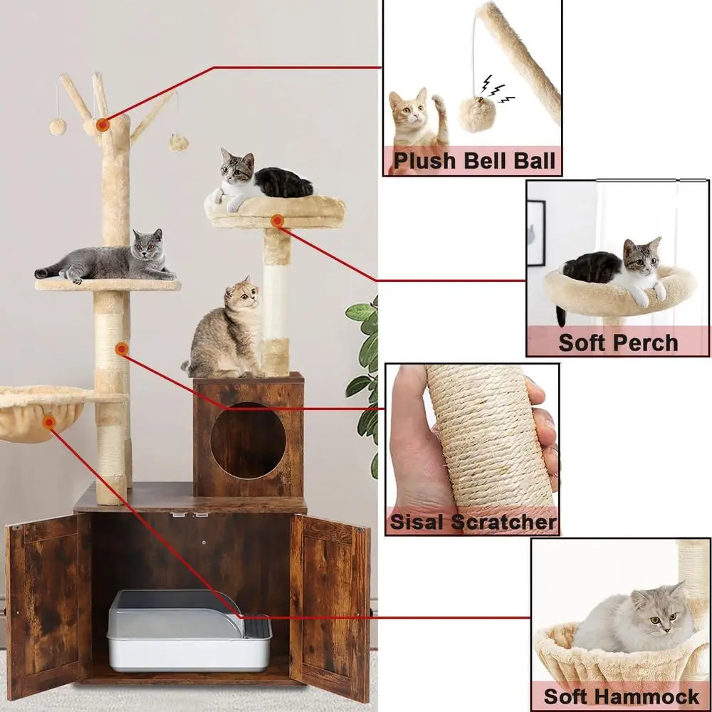 2-in-1 Wooden Cat Tower with Litter Box, Sisal Scratching, Hammock, Brown