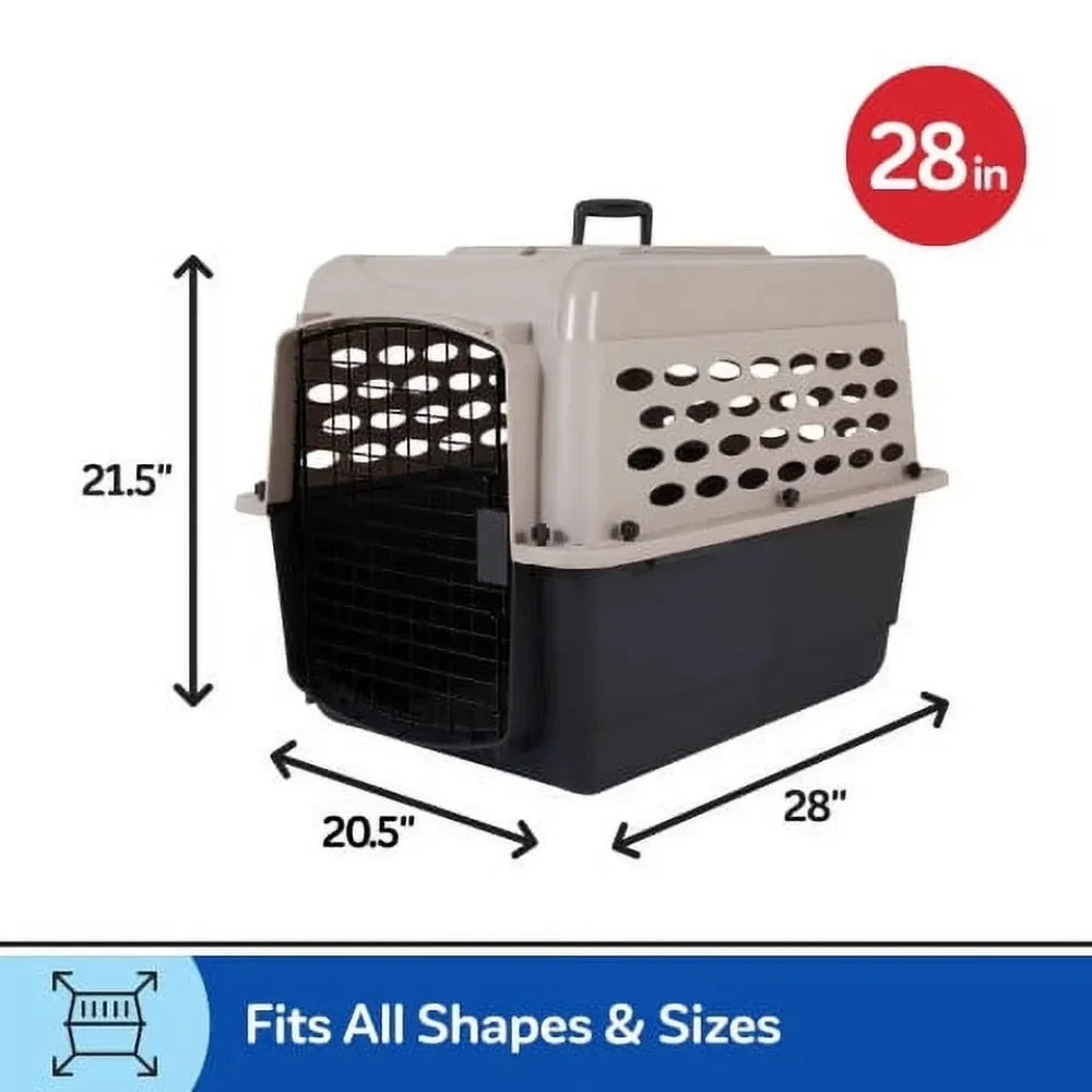 Small Plastic Dog Kennel 28" Airline Approved, Portable Pet Carrier for 20-30 lb Pets, Taupe Black Secure Travel Crate
