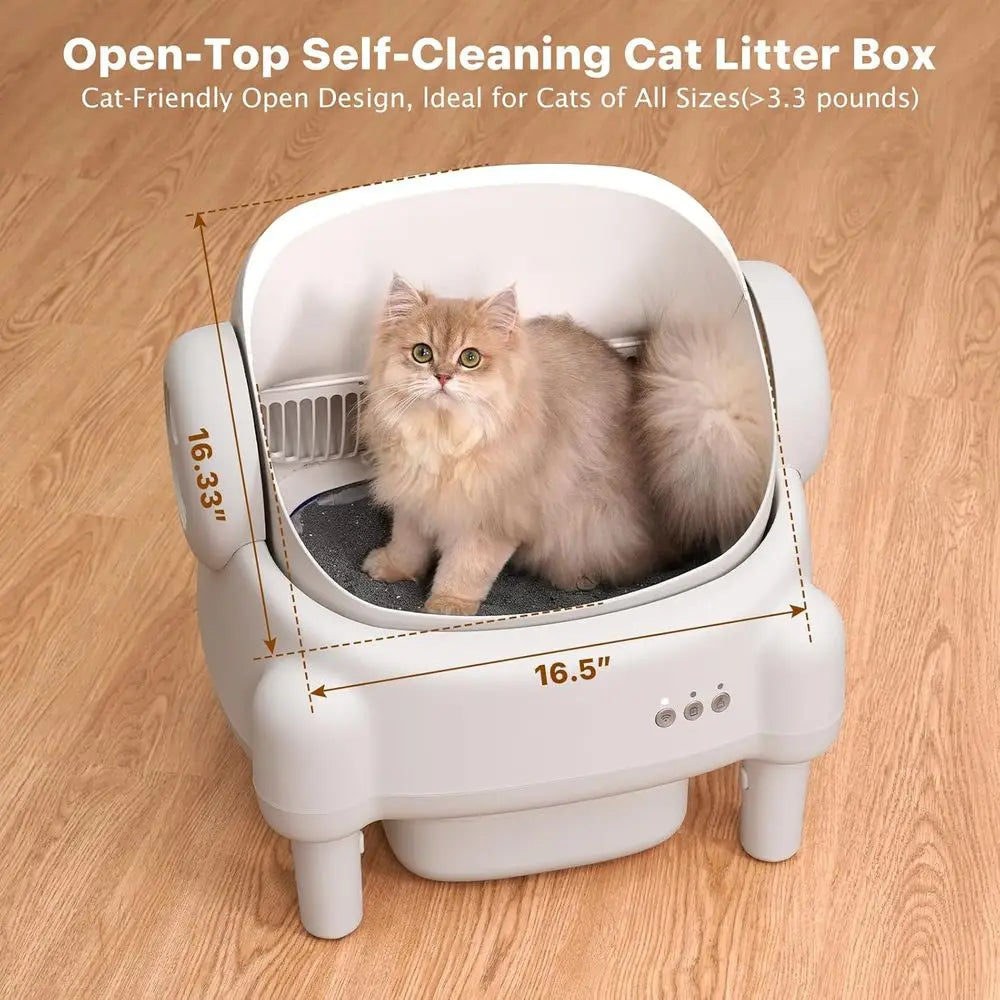 App-Controlled Open-Top Self-Cleaning Litter Box for Multiple Cats with Safety Sensors, Odor Control, 2 Liners, Large Bin - Crea