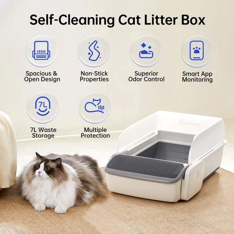 Self Cleaning Automatic Cat Litter Box Robot Open Top Large Capacity App Control Anti Pinch Odor Free Waste System MultiCat Free