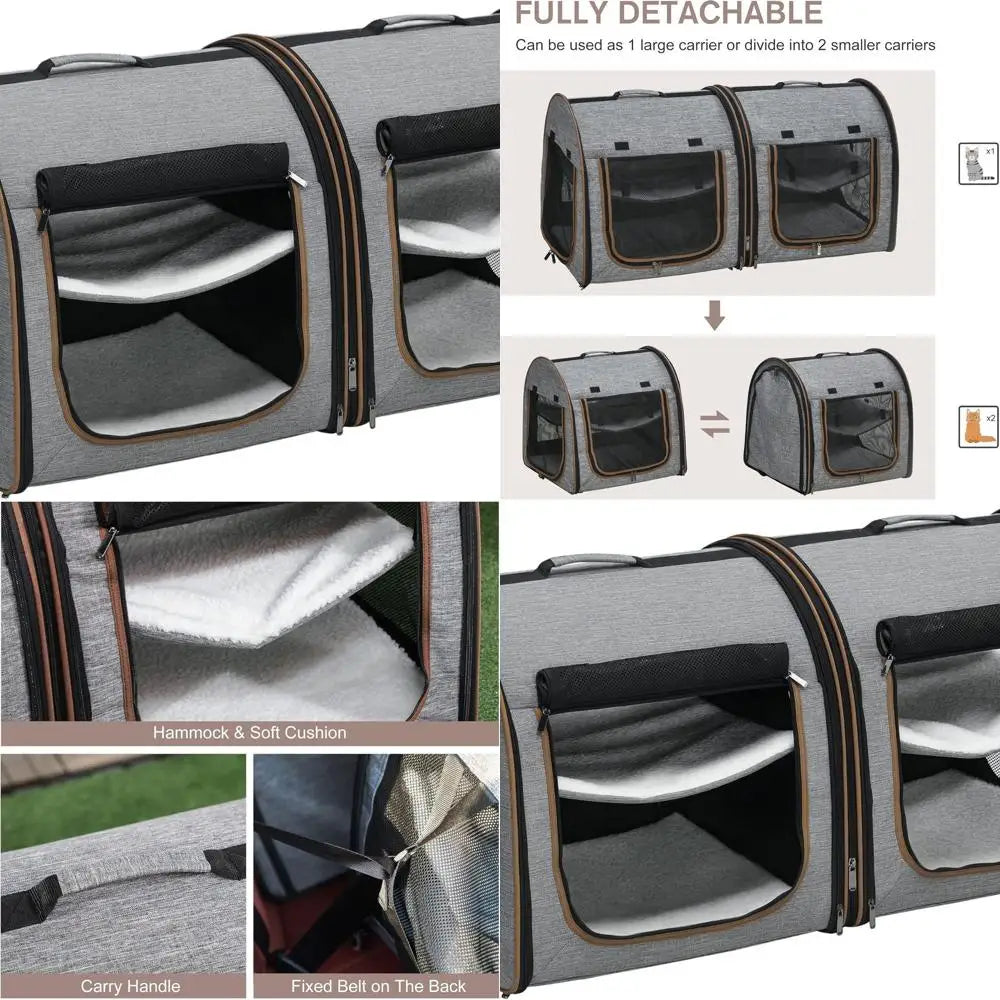 Portable Soft-Sided Cat Carrier for Travel, Dog Crate with Divider, Two Compartments, Cushions & Storage, Light Gray
