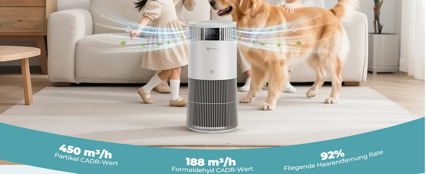 Amicura P2 Air Purifier for Pet Allergy Sufferers 843 m³/h Pet Hair Removal 450 CADR 99% Odour Neutralisation H13 Filter Against