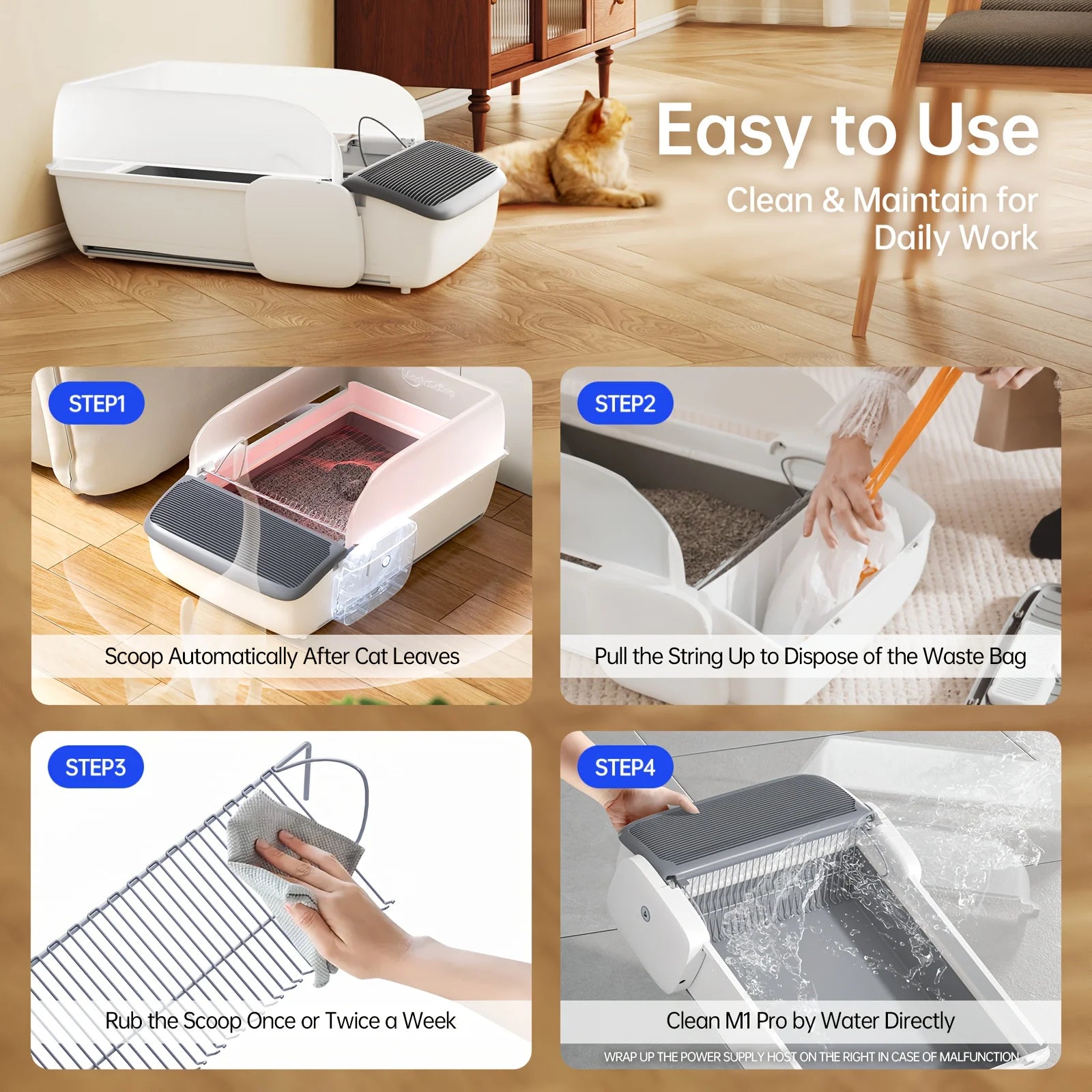 Self Cleaning Automatic Cat Litter Box Robot Open Top Large Capacity App Control Anti Pinch Odor Free Waste System MultiCat Free