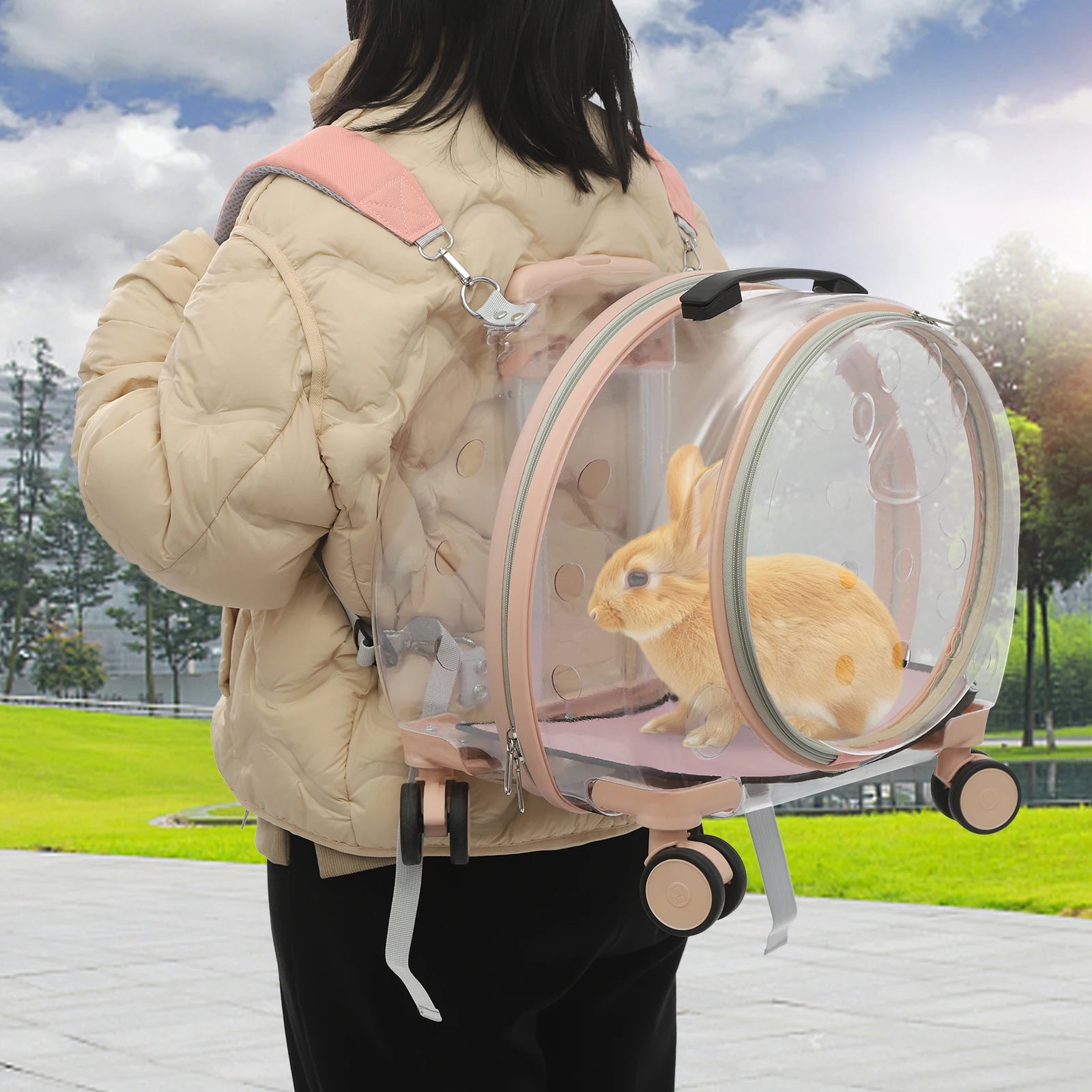 Breathable waterproof, Adjustable Cat Carrier with Rolling Wheels for cats weighing up to 19.84 lbs