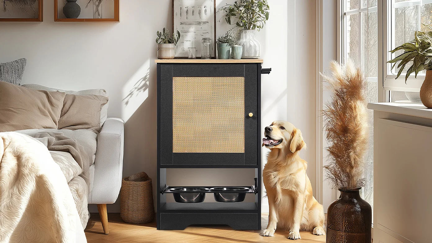 Feeding Station with 1 Storage Cabinets, Pet Feeding Station with 2 Elevated Dog Bowls, Side Hooks, Anti-tip Kit