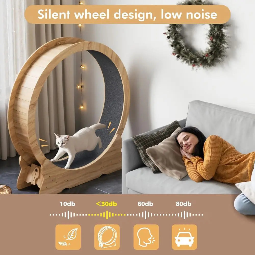 Extra Large 43.3 Indoor Cat Exercise Wheel with Removable Carpet and Teaser for Running, Walking, and Training - Natural Wood