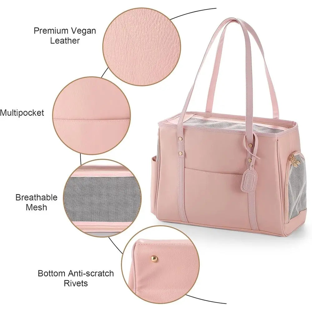Fashion Dog Carrier Purse, Premium Leather Cat Carrier Bag, Airline Approved Soft Sided Pet Travel Tote Bag with Pockets Pink