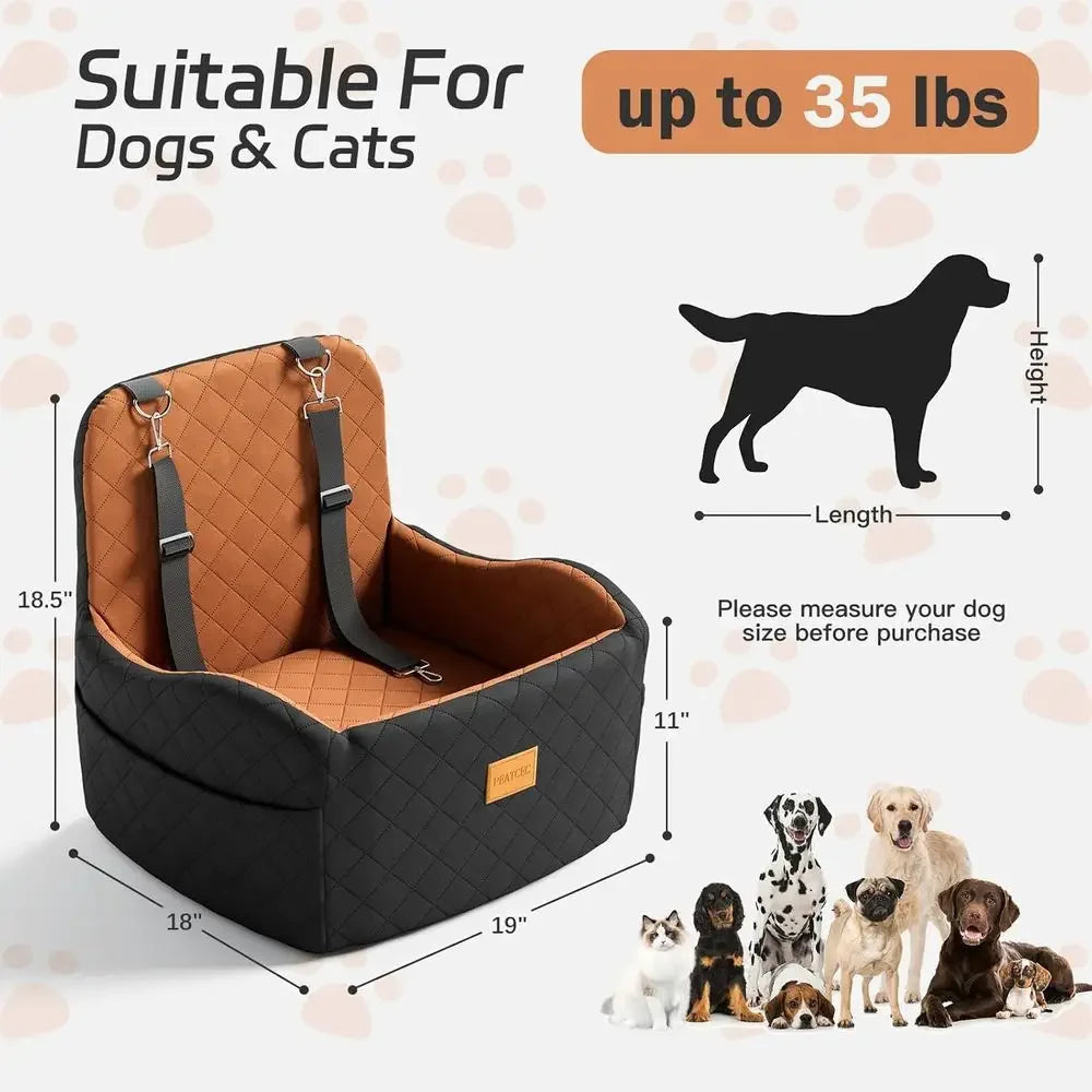 Elevated Pet Travel Seat for Small/Medium Dogs Up to 35lbs, Removable & Washable, 2 Pockets, Safety Belt, Anti-Slip, Seamless Bo