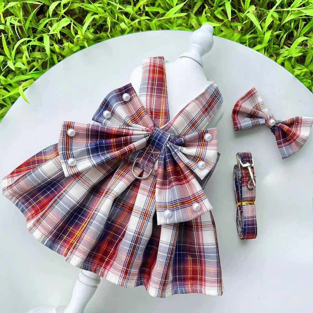 JK-Style Checkered Pet Dress Set - Bow Tie Harness Leash for Dogs & Cats (Christmas/Cosplay)