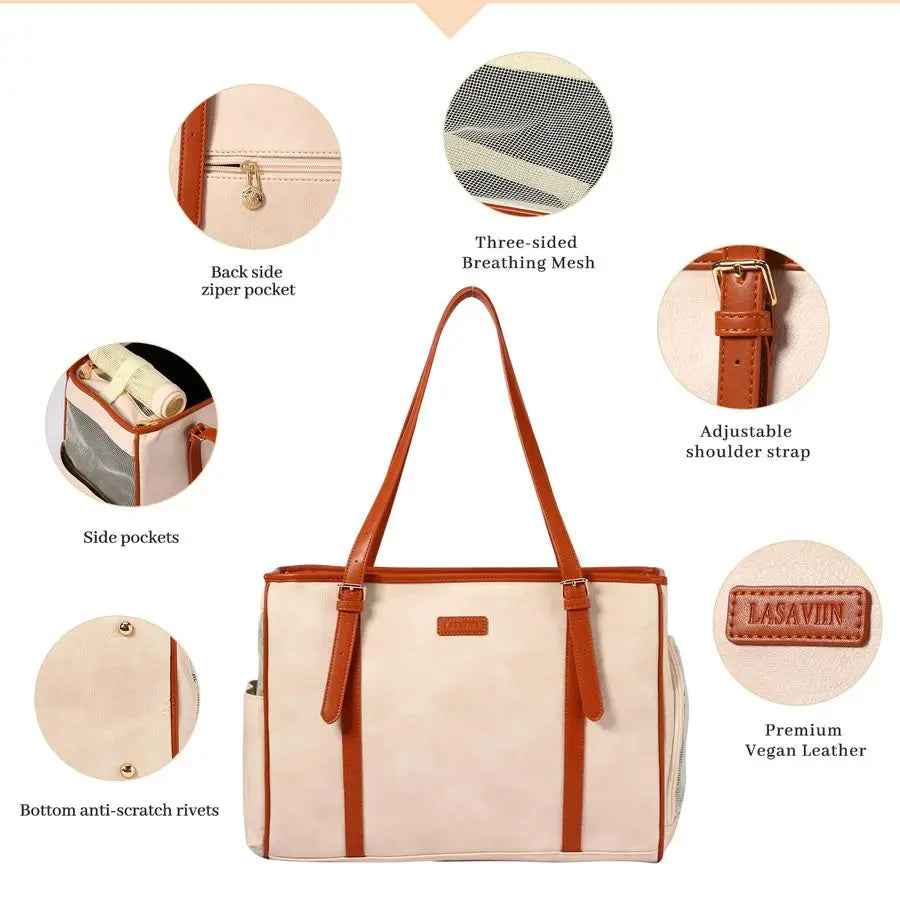 Dog Purse Pet Carrier Leather Bag for Small Dogs Cats Puppy, Portable Tote Bag Airline Approved SoftSided Carriers Beign