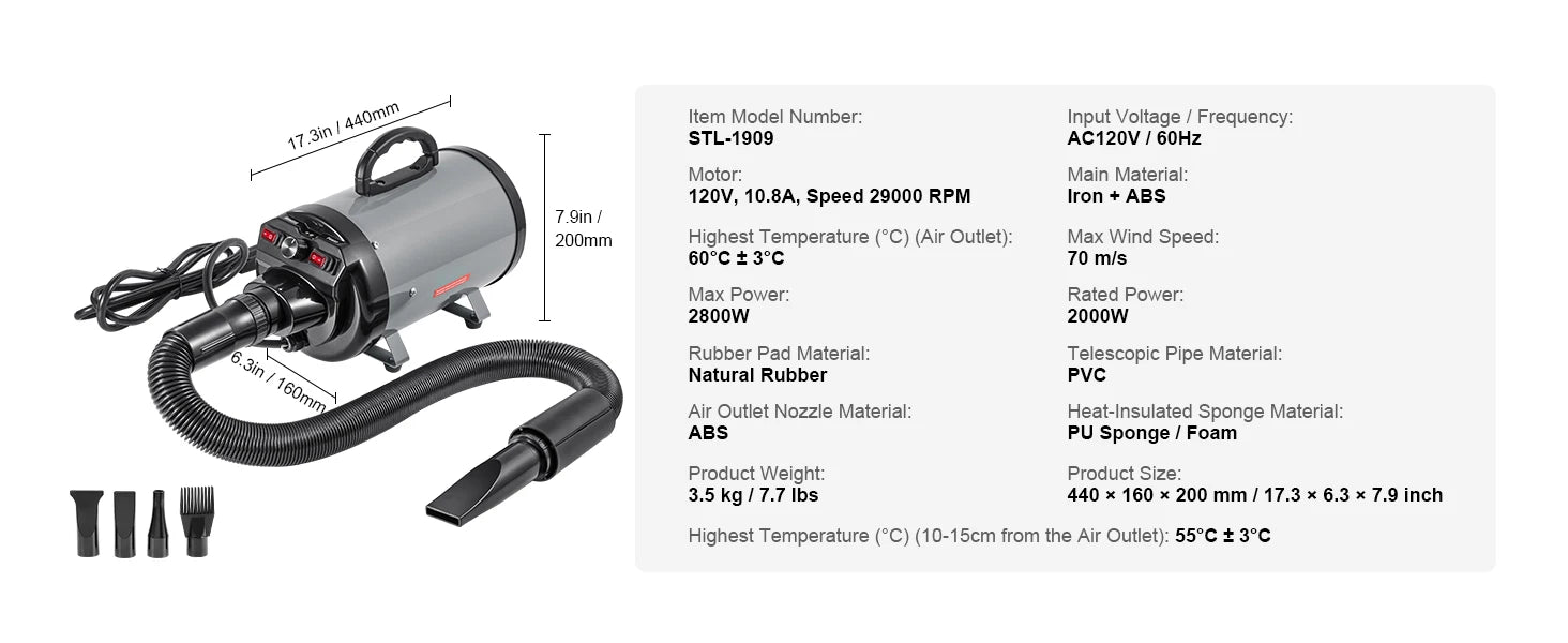 SucceBuy 2000W/2.7HP Dog Blow Dryer Adjustable Speed Temperature Control with 4 Nozzle and Extendable Hose for Pet Hair Grooming