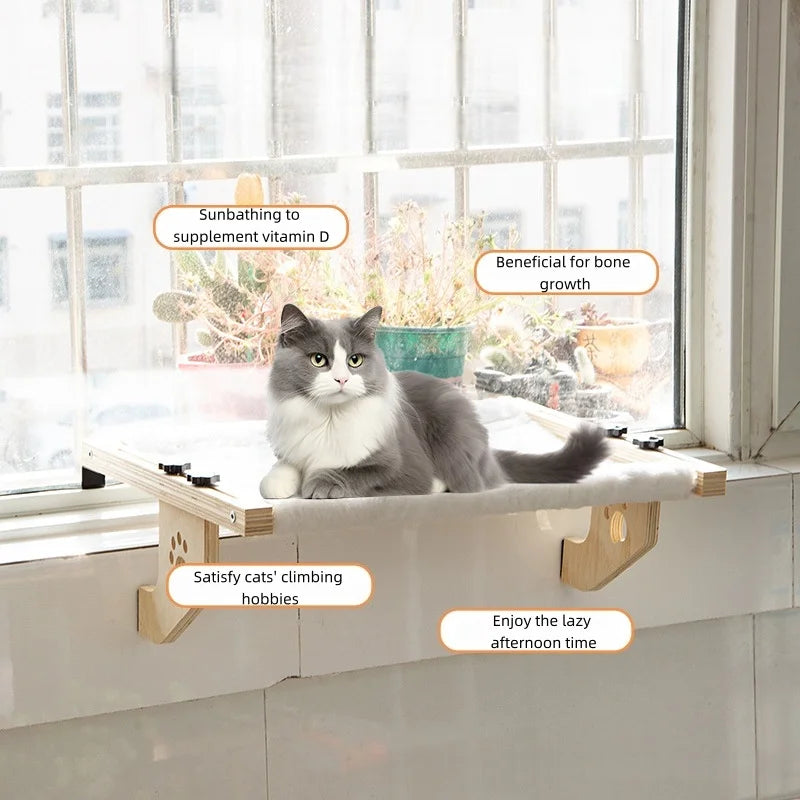 Cat window sill, cat window hammock, suitable for indoor cats, wooden and metal frame, easy to adjust window sill, bedside