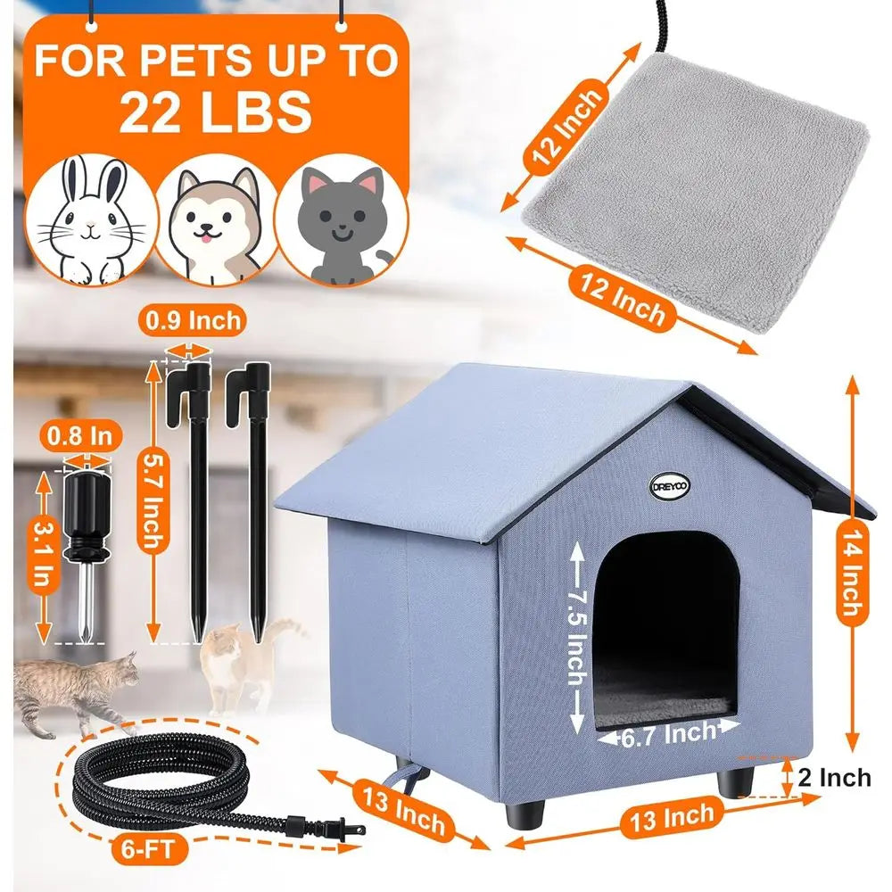 Double-Door Insulated Outdoor Cat House with Heated Bed for Winter, Weatherproof Shelter for Feral Cats and Small Pets (Blue)