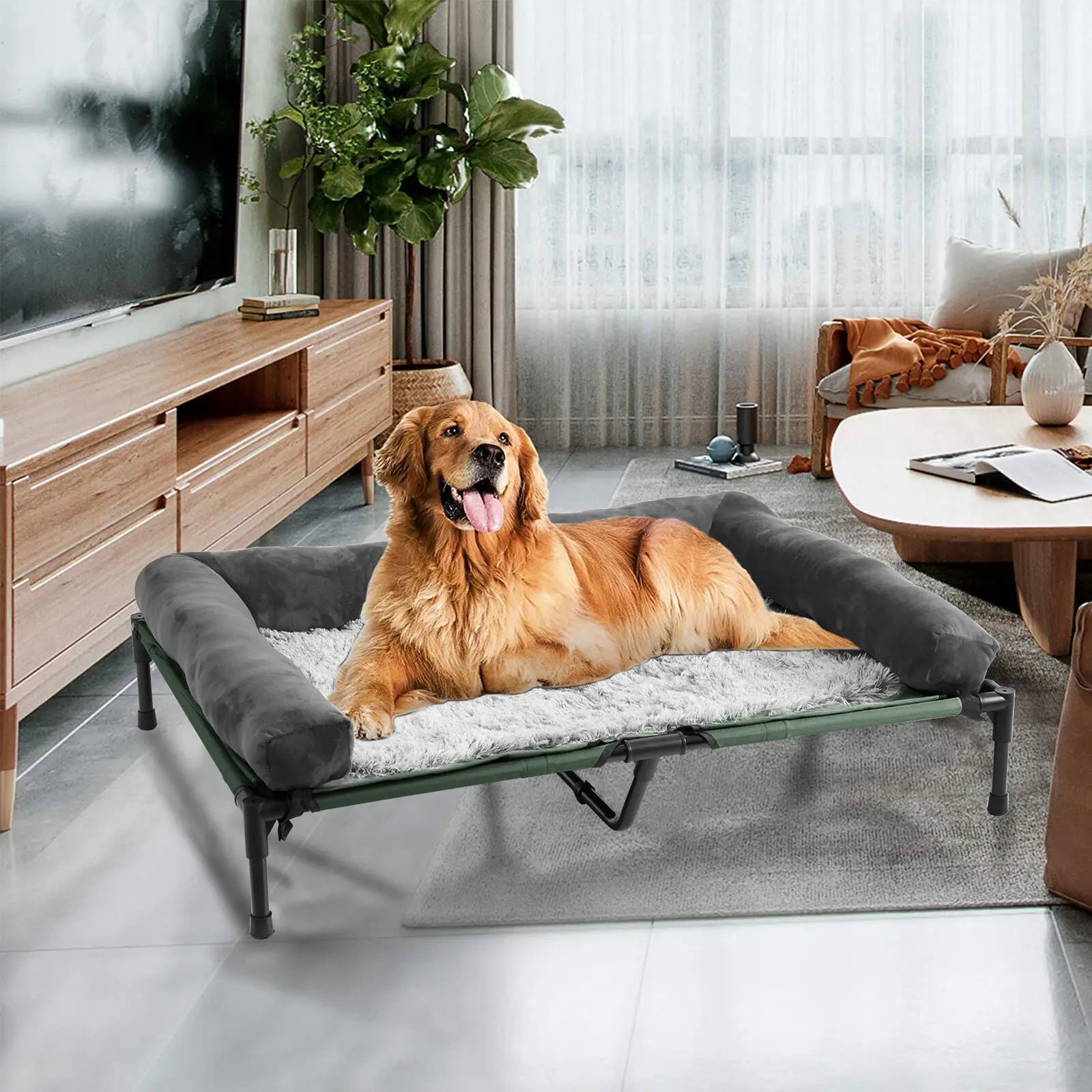 Dog Bed for Dogs and Cats Indoor Outdoor Elevated Pet Lounger Bed with Detachable Plush Bolster Cooling  Summer L XL 2XL