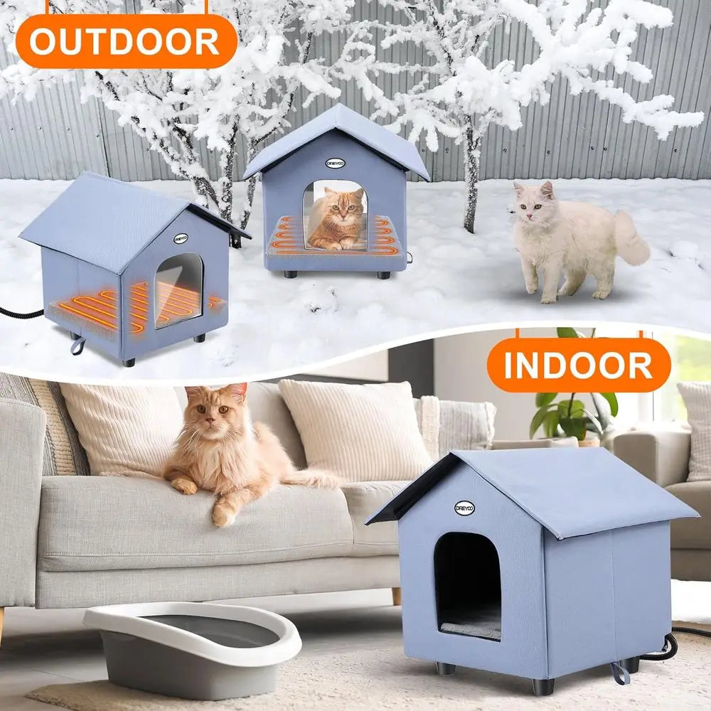 Double-Door Insulated Outdoor Cat House with Heated Bed for Winter, Weatherproof Shelter for Feral Cats and Small Pets (Blue)