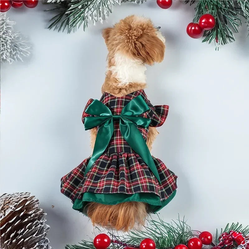 Christmas Plaid Pet Party Dress with Bow - Classic Outfit for Small Dogs
