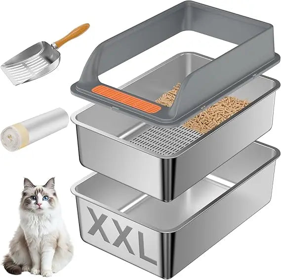 Extra Large Stainless Steel Sifting Litter Box for Cats with XXL Size, Ideal for Pine Pellets and Large Felines, Metal Pellet Si