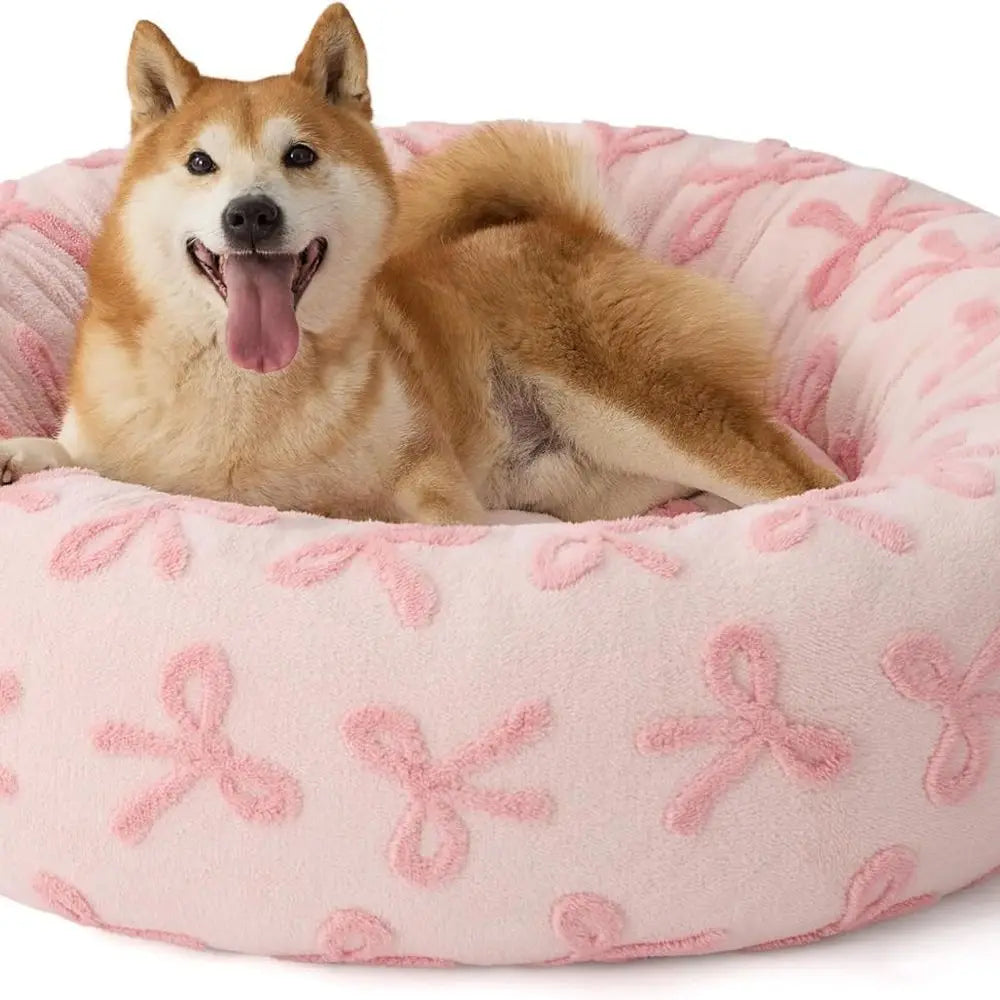 Round Plush Dog Bed for Large Dogs and Cats, 36 Pink Taffy, Washable, Anti-Anxiety, Modern Design with Anti-Slip Base