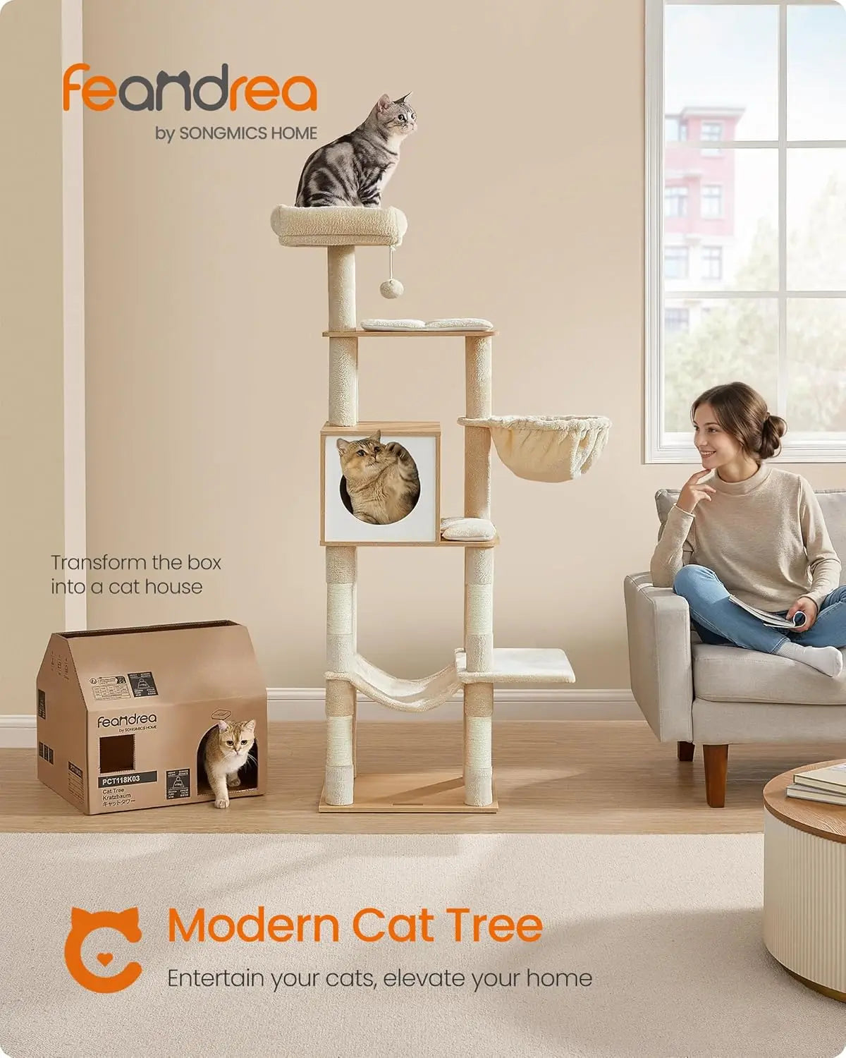 65-Inch Tall Cat Tree with Multi-Level Condo, Cave, Basket, Hammock, Scratching Posts in Almond Yellow