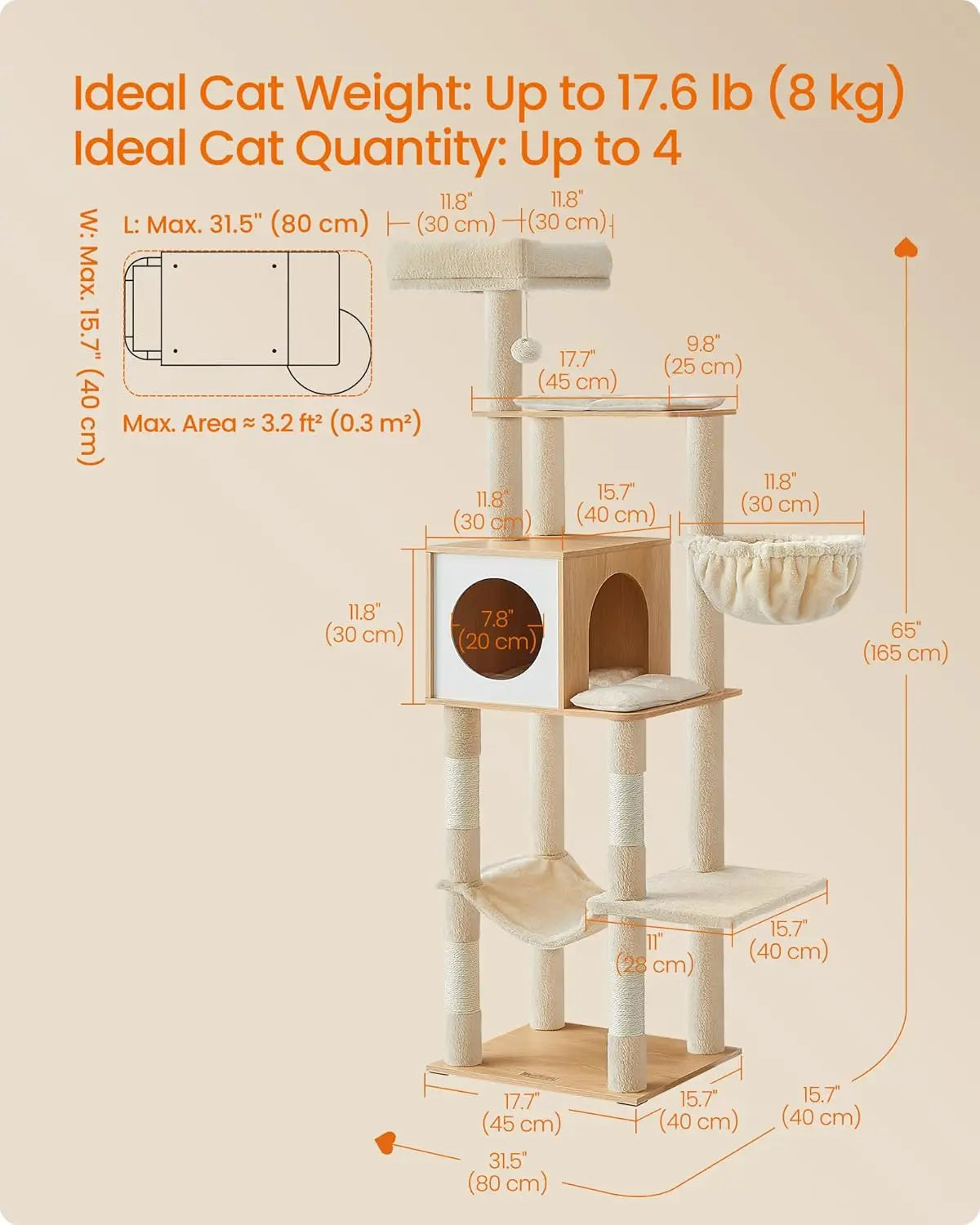 65-Inch Tall Cat Tree with Multi-Level Condo, Cave, Basket, Hammock, Scratching Posts in Almond Yellow