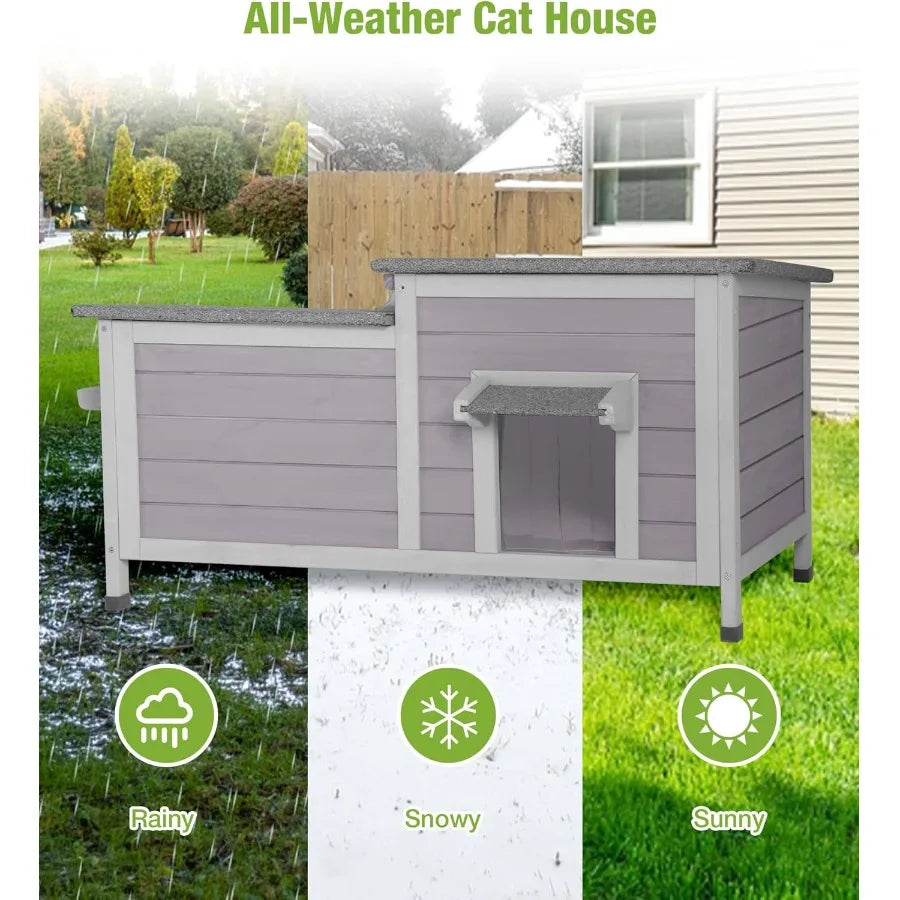 Outdoor Cat House Weatherproof Large Cat Shelter with Openable Roofs for Feral Kittens Elevated Base Design with PVC Curtain fo