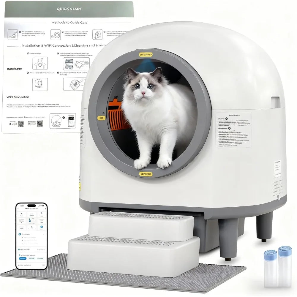 Self Cleaning Litter Box, 100L Large Automatic Cat Litter Box for Multiple Cats, with Smart APP Control, Trap Mat & Ramp,Customi