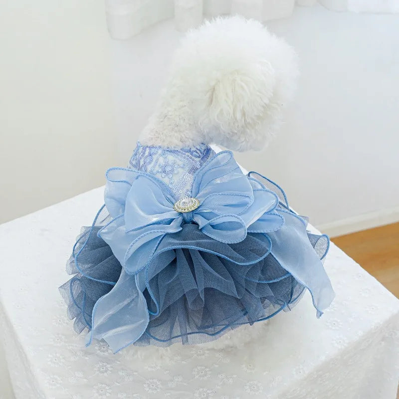 Pet Dog Cat Universal Clothing Fluffy Gauze Blue Galaxy Wedding Dress Take Photos and Dress Up for Weddings Festivals Gatherings