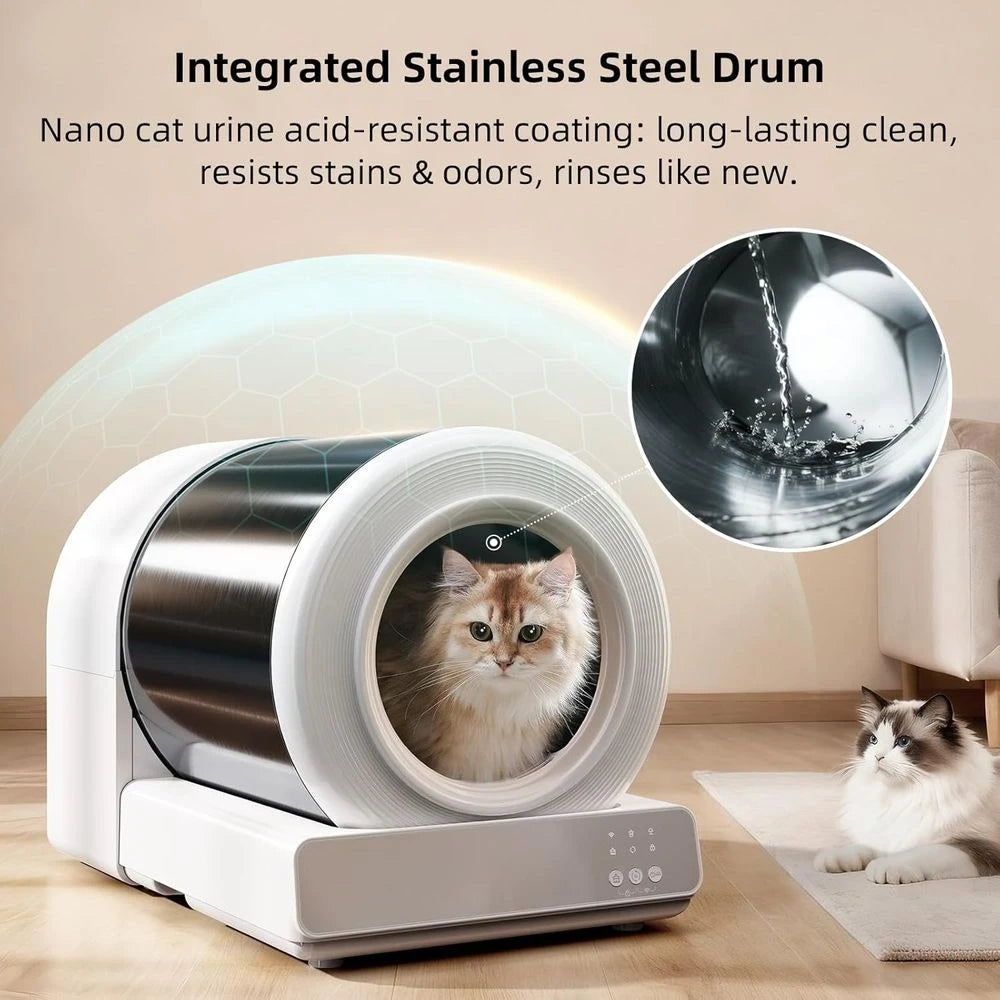 Smart Stainless Steel Cat Litter Box with Automatic Cleaning, App-Controlled, Low Entry, Safety Sensors, Mat & Bags Included