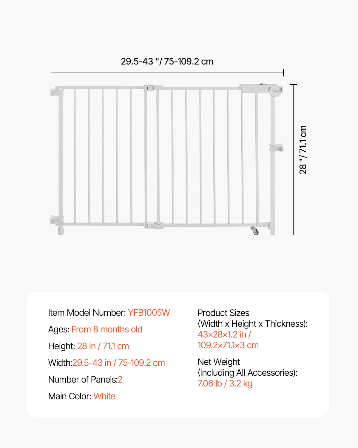 VEVOR Baby Gate 29.5-43 Inches Adjustable Width 28 Inches High Dog Gate No Threshold Bar Easy Step Walk for Child Pet Security