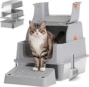 Stainless Steel High-Sided Enclosed Cat Litter Box - Anti-Leak, Odor-Reducing, Non-Sticky, Easy Cleaning for Cats