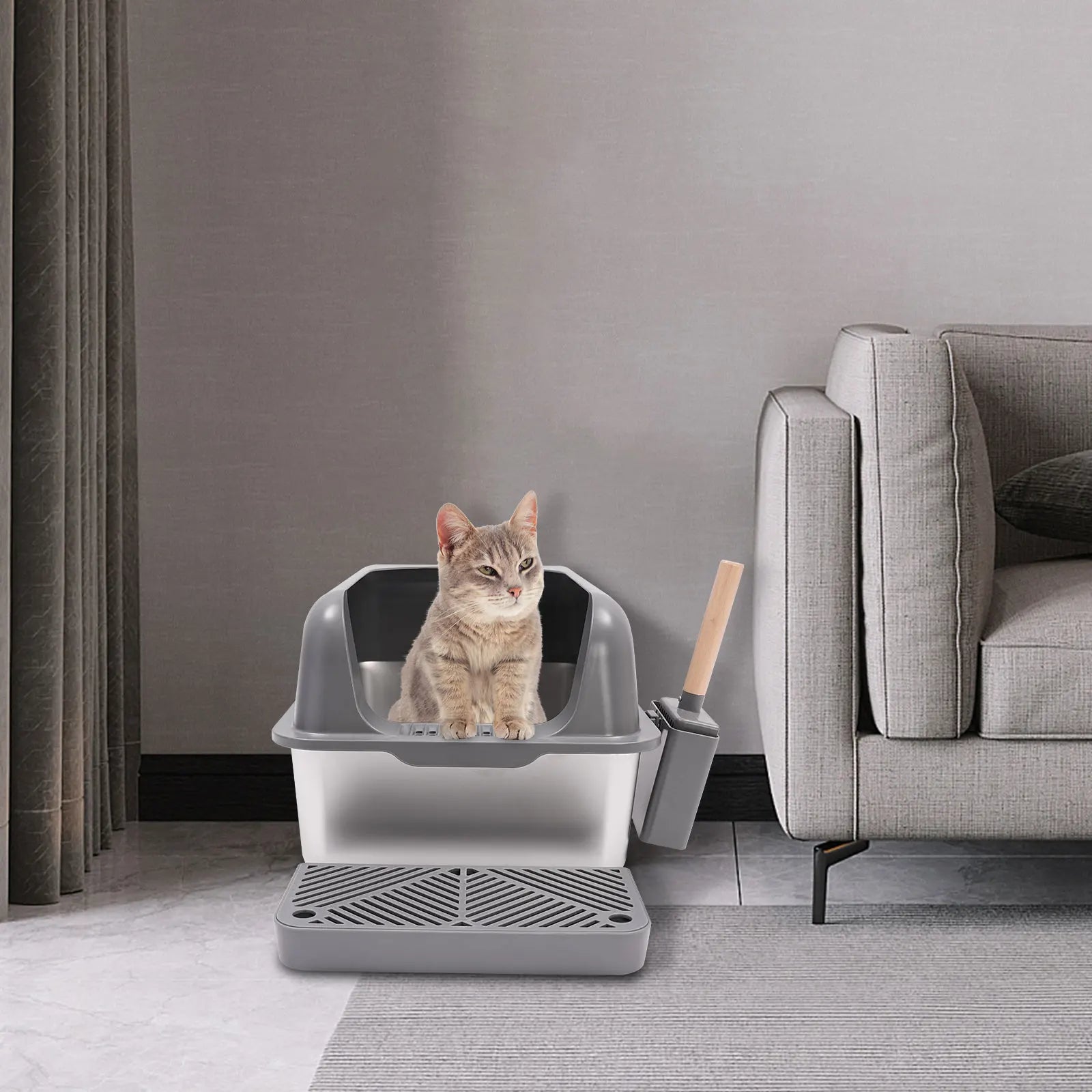 Stainless Steel Cat Litter Box with Protective Shovel Placed in Living Room, Hallway, Bedroom, Pet Store